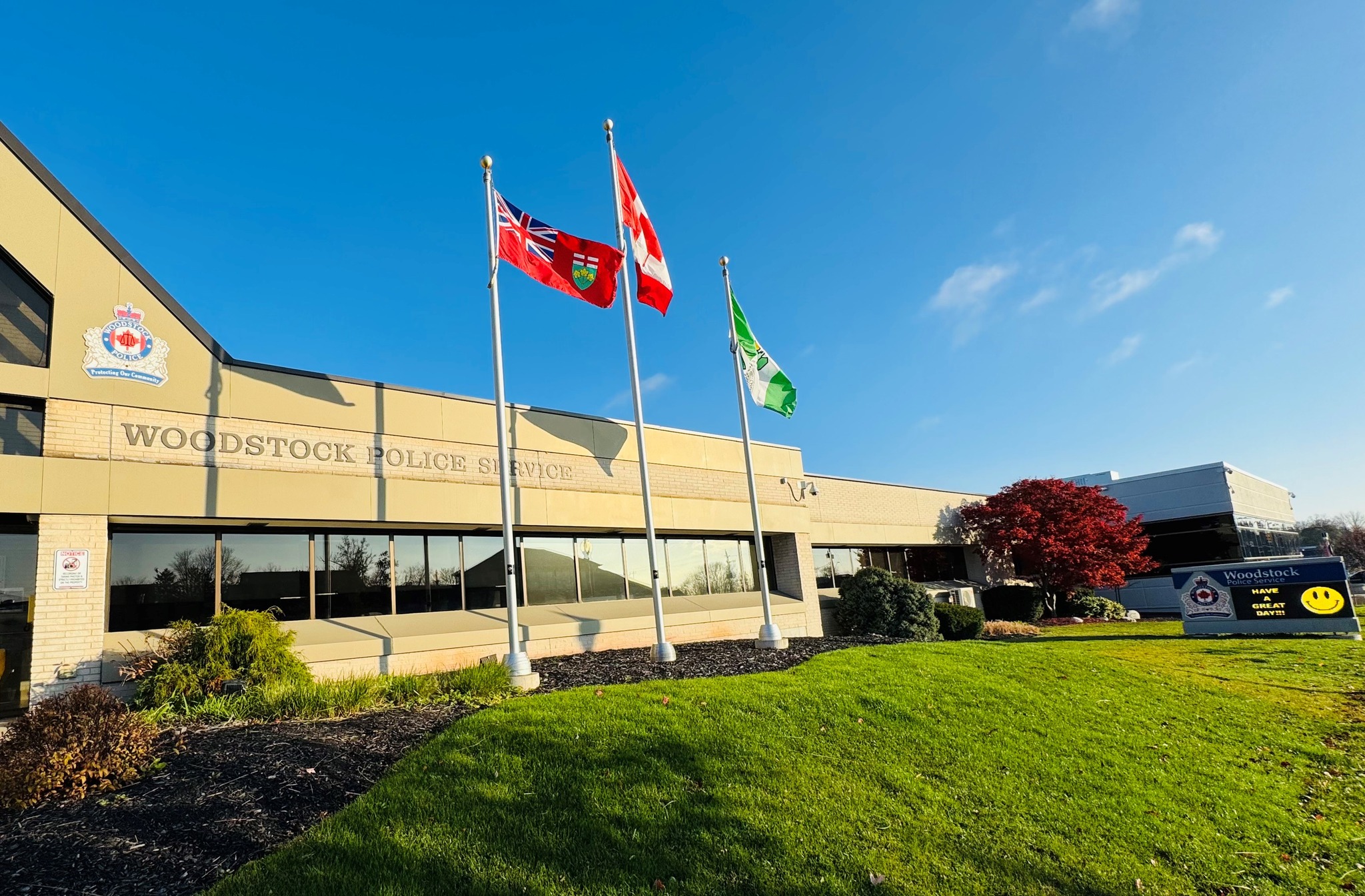 Woodstock Police Headquarters with flags flying