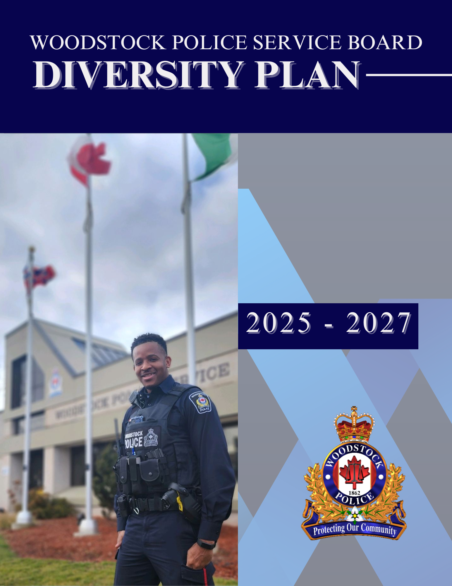 Cover page of Diversity Plan. Male, black officer standing in front of Woodstock Police Service Headquarters